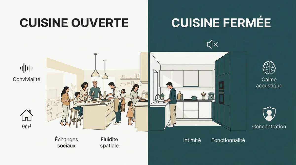 Comparatif entre cuisine ouverte lumineuse et cuisine fermée structurée