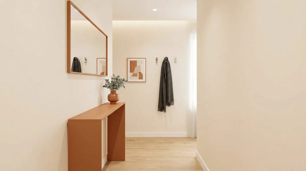 Une entrée lumineuse avec une console terracotta, un miroir mural, un cadre abstrait et des patères pour vêtements.
