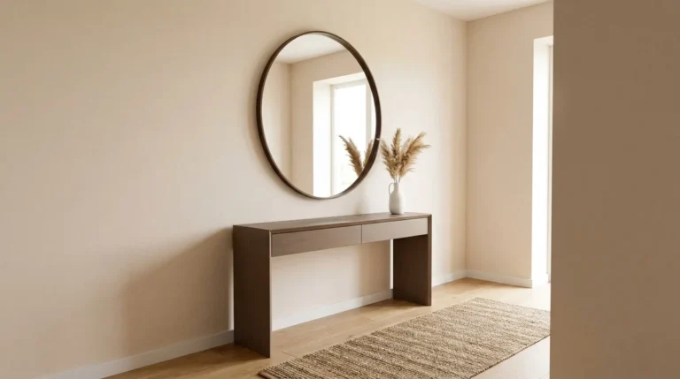 Grand miroir rond à cadre sombre suspendu au-dessus d'une console en bois dans une entrée lumineuse et épurée.