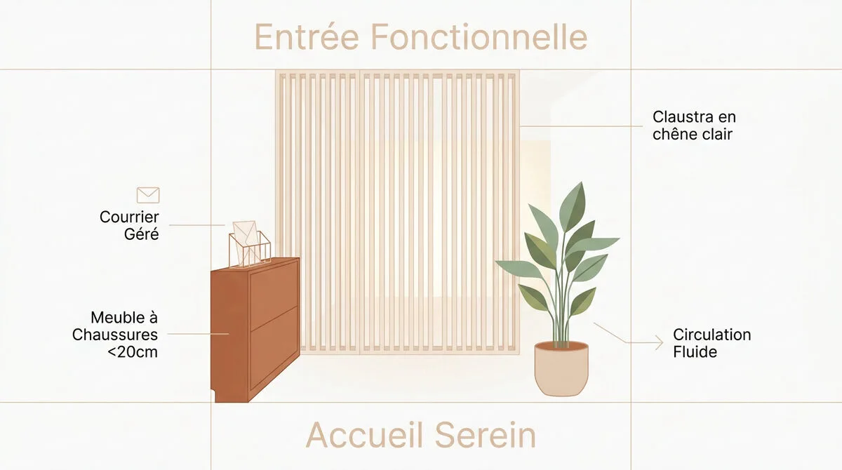 Entrée de maison minimaliste et fonctionnelle avec rangements épurés