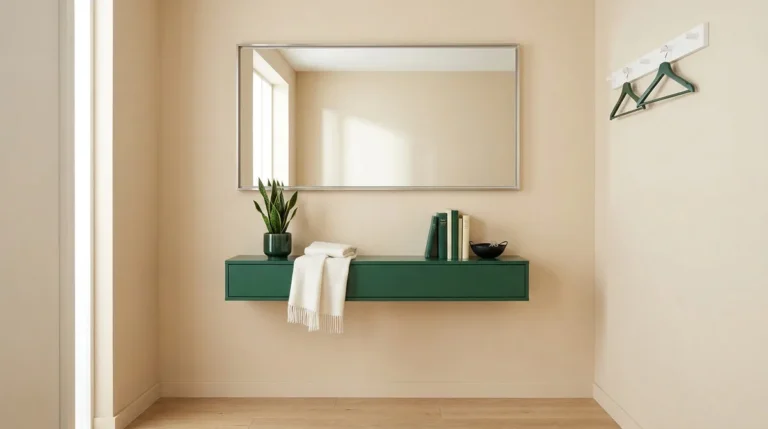 Entrée épurée avec une console suspendue verte, un grand miroir et une patère murale sur fond beige.