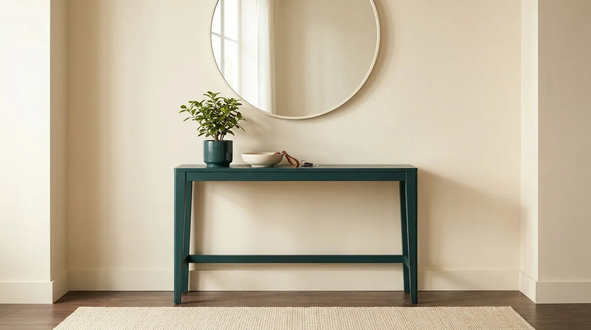 Une console fine vert foncé adossée à un mur beige, surmontée d'un miroir rond et d'une plante.