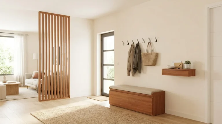 Une entrée lumineuse et ordonnée avec un claustra en bois, un banc de rangement et une console murale minimaliste.