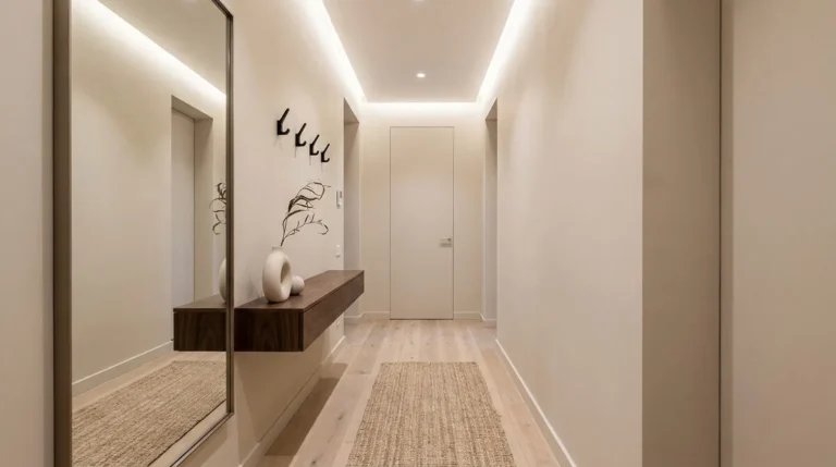 Couloir moderne avec un miroir toute hauteur, une console suspendue en bois, des patères noires et un tapis en jute.