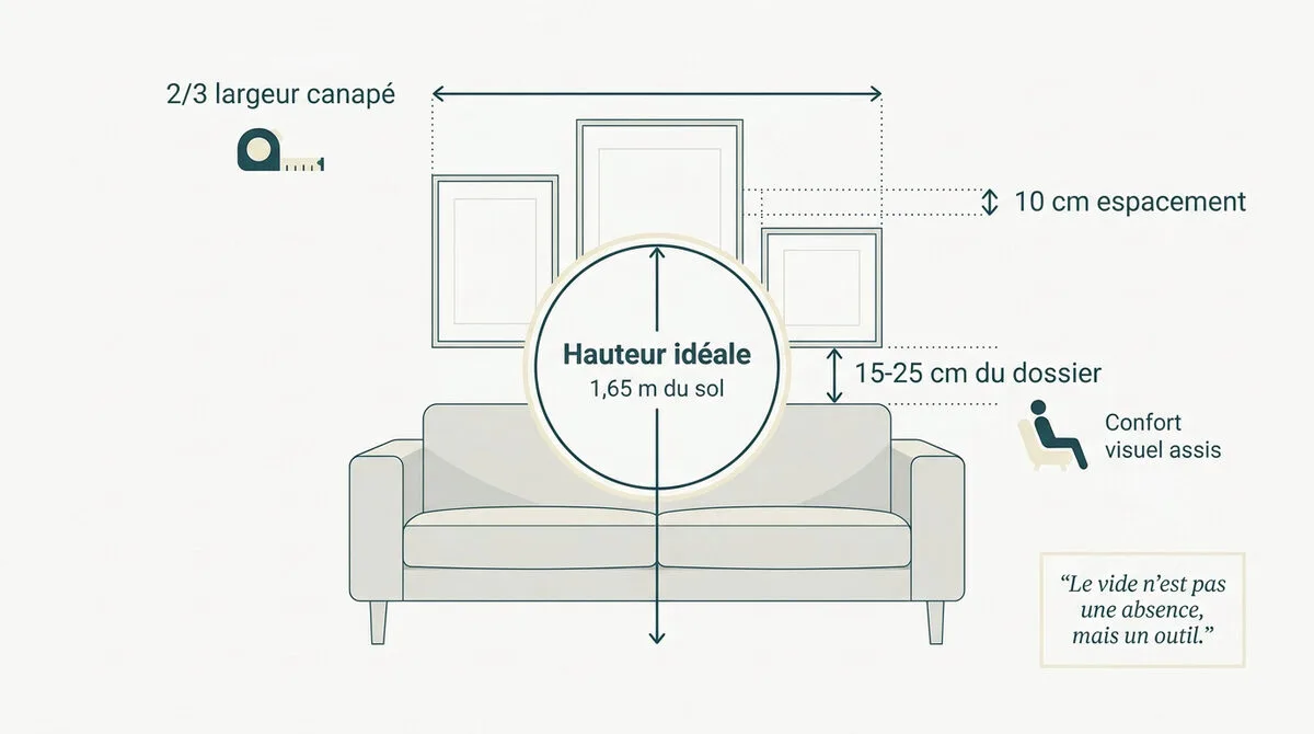 Guide visuel pour disposer des cadres de façon harmonieuse au-dessus d'un canapé