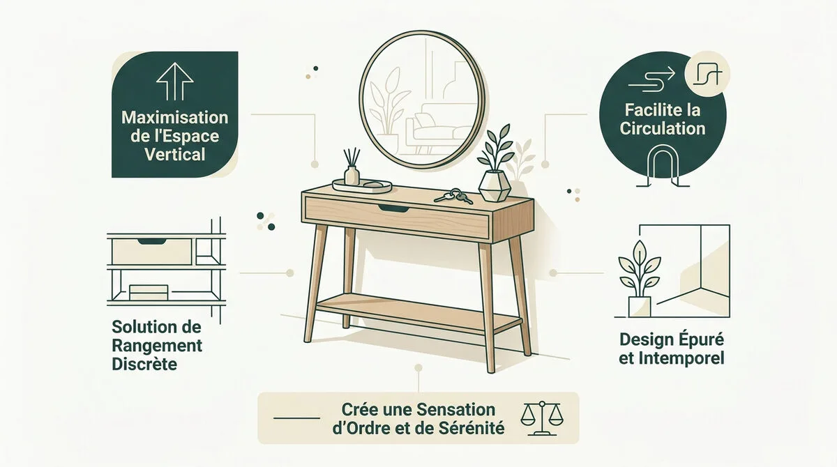 Infographie montrant l'aménagement d'une entrée étroite avec une console fine et un miroir pour optimiser l'espace