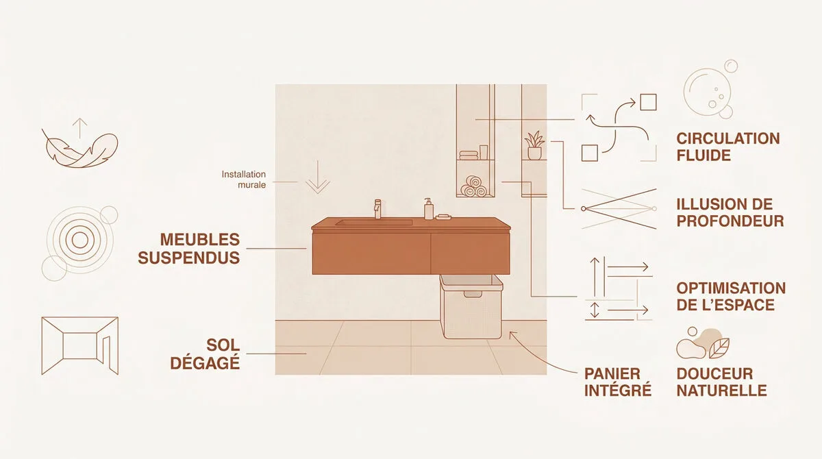 Infographie conseils gain de place et fluidité petite salle de bain moderne