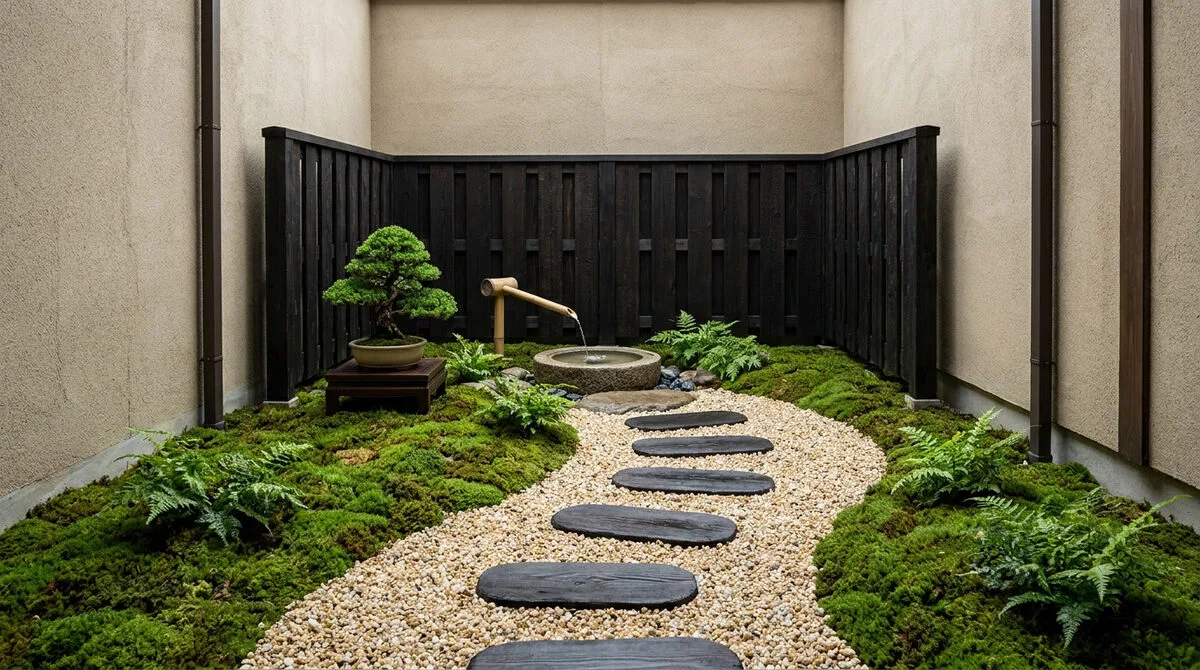Petit jardin zen avec bonsaï, chemin de pas japonais, mousse, fougères et une fontaine en bambou contre une clôture noire.