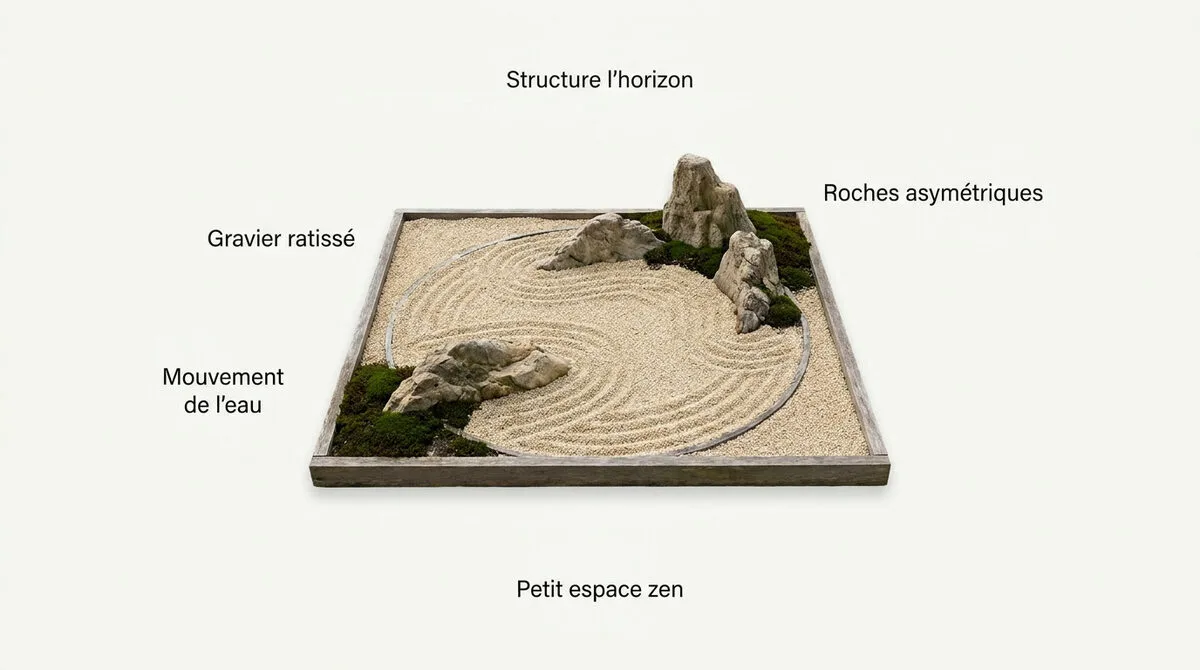 Jardin zen minimaliste avec gravier ratissé et roches structurantes