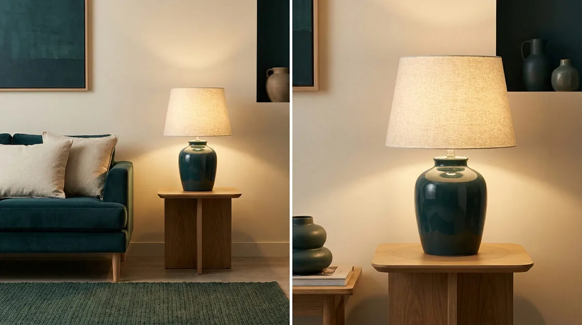 Lampe de table avec pied en céramique vert brillant et abat-jour en tissu beige posée sur une table en bois.