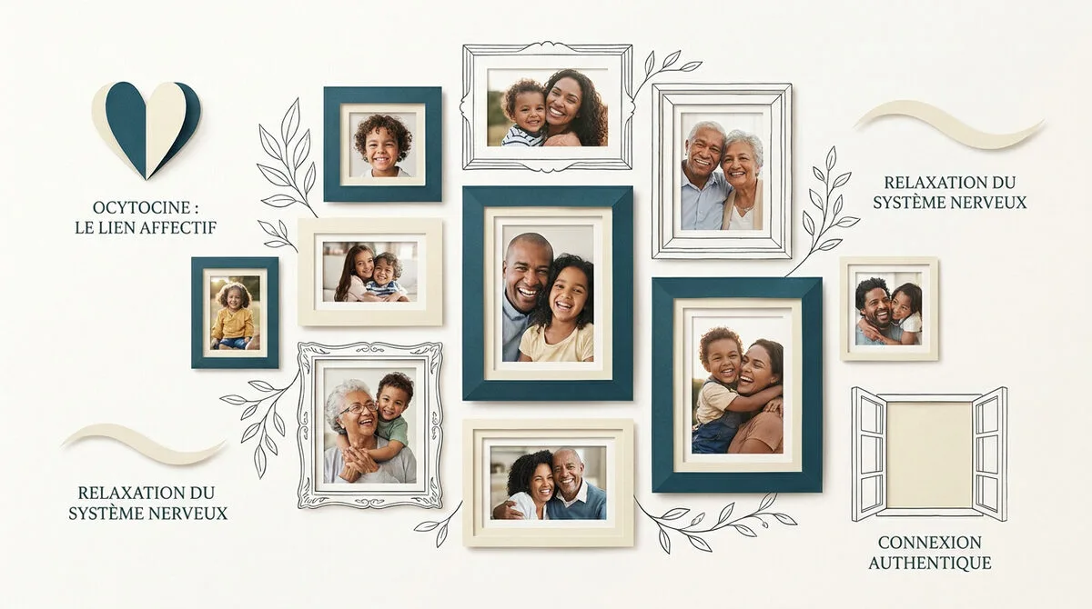 Mur galerie familial chaleureux créant un lien affectif et un sentiment de bien-être dans un salon