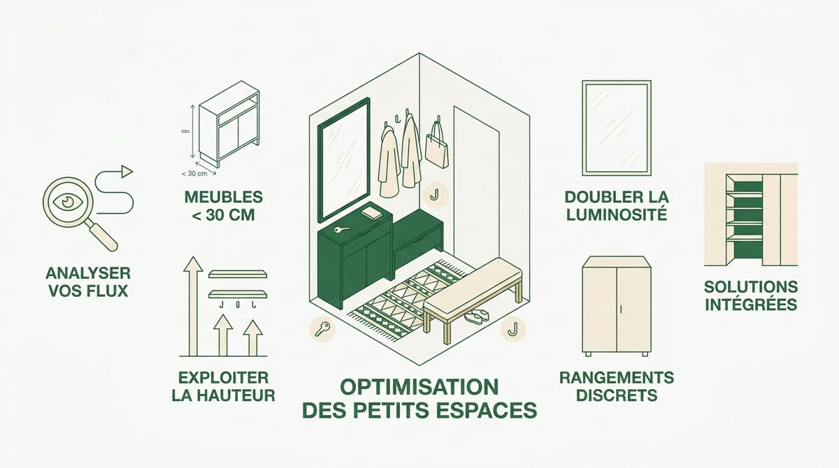 Aménagement optimisé d'une petite entrée avec mobilier sur mesure et miroir