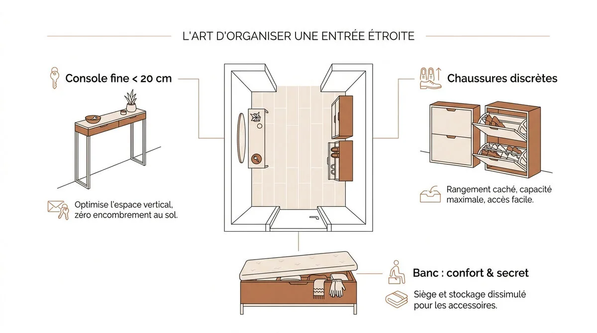 Aménagement d'une entrée étroite avec meuble à chaussures blanc et miroir rond pour agrandir l'espace