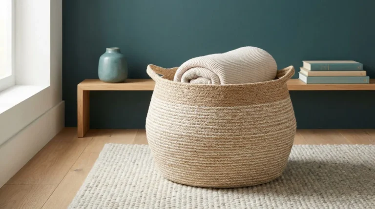 Un panier rond en fibres tressées contenant un plaid beige, posé sur un tapis dans une pièce au mur bleu pétrole.