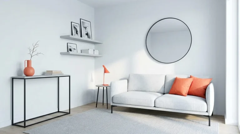 Petit salon moderne aux tons neutres avec canapé gris, touches orange, miroir rond et console fine.