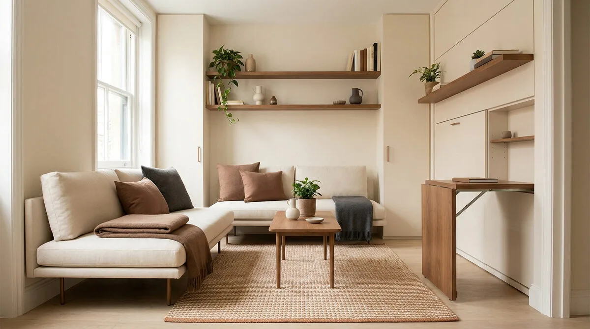 Salon lumineux avec canapés beiges, table basse en bois, étagères murales et bureau escamotable minimaliste.