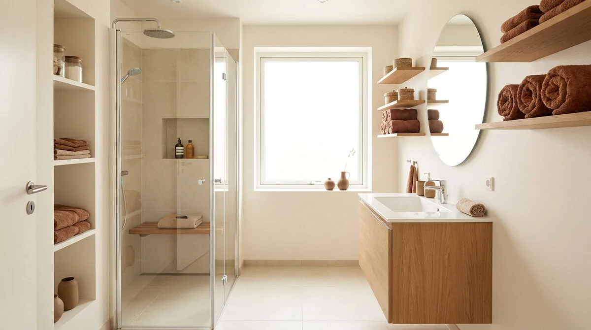 Salle de bain lumineuse aux tons beiges avec douche vitrée, meubles en bois et étagères minimalistes.