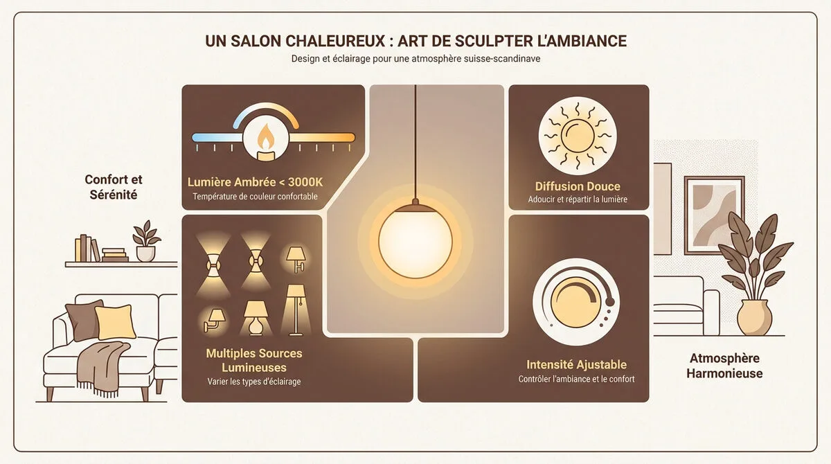 Salon chaleureux avec éclairage tamisé