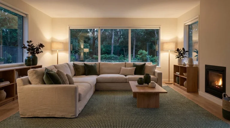 Un salon moderne avec un grand canapé beige, des touches de vert forêt et une cheminée, créant une ambiance cosy.
