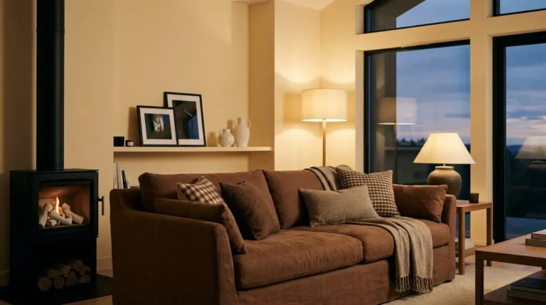 Salon cocooning avec canapé marron, cheminée allumée et éclairage doux par lampes sur pied et de table.