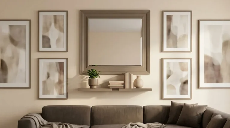 Un mur de salon beige décoré d'un miroir, d'une étagère avec des livres et d'une composition symétrique de cadres.