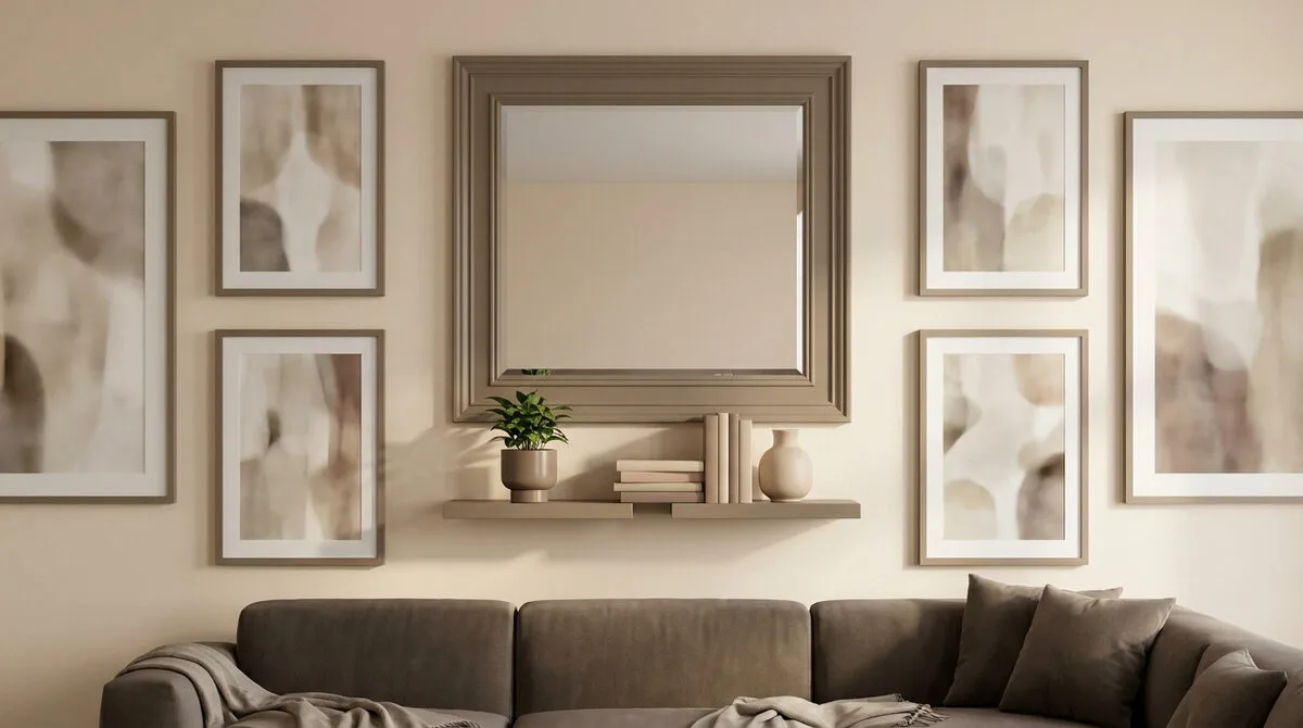 Un mur de salon beige décoré d'un miroir, d'une étagère avec des livres et d'une composition symétrique de cadres.