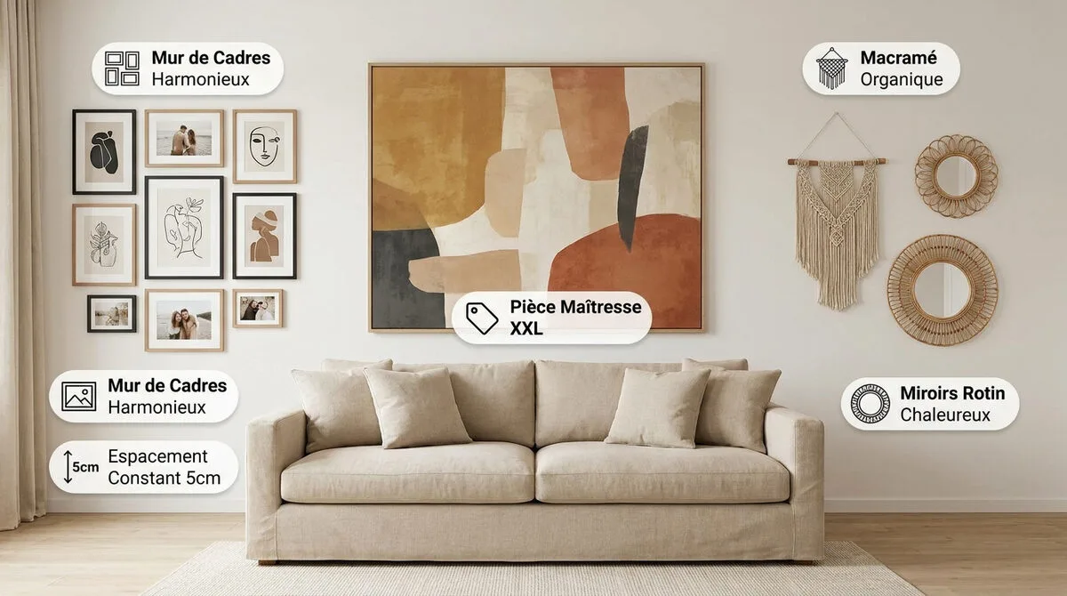 Salon élégant avec décoration murale en macramé et tableau abstrait au-dessus d'un canapé
