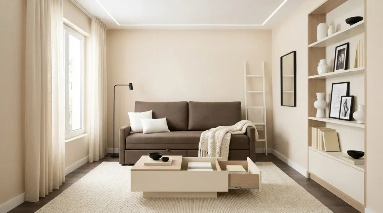 Salon beige épuré avec canapé convertible et table basse à rangement multifonction dans un intérieur moderne.