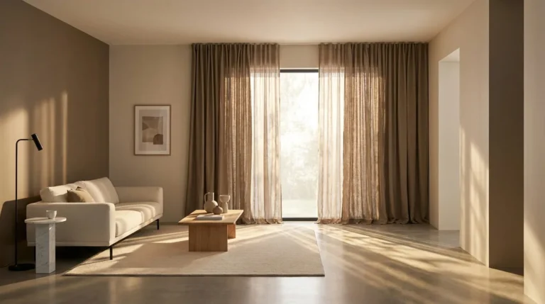 Salon moderne aux tons neutres avec de longs rideaux en lin beige filtrant la lumière du soleil.