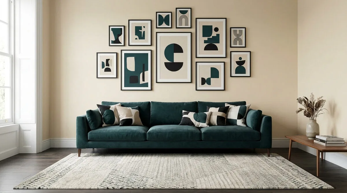 Canapé en velours vert pétrole avec une galerie de cadres abstraits géométriques au mur dans un salon moderne.