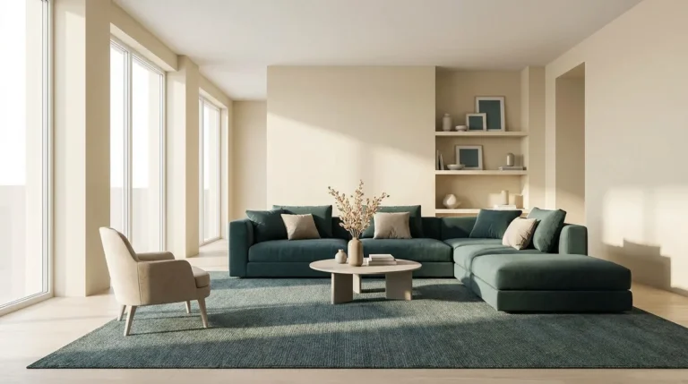 Salon minimaliste aux tons neutres avec un grand canapé d'angle vert et un tapis assorti sous une lumière douce.