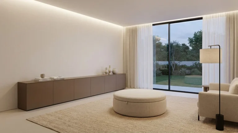 Salon moderne épuré avec un grand buffet bas taupe, un pouf rond beige et une large baie vitrée sur un jardin.