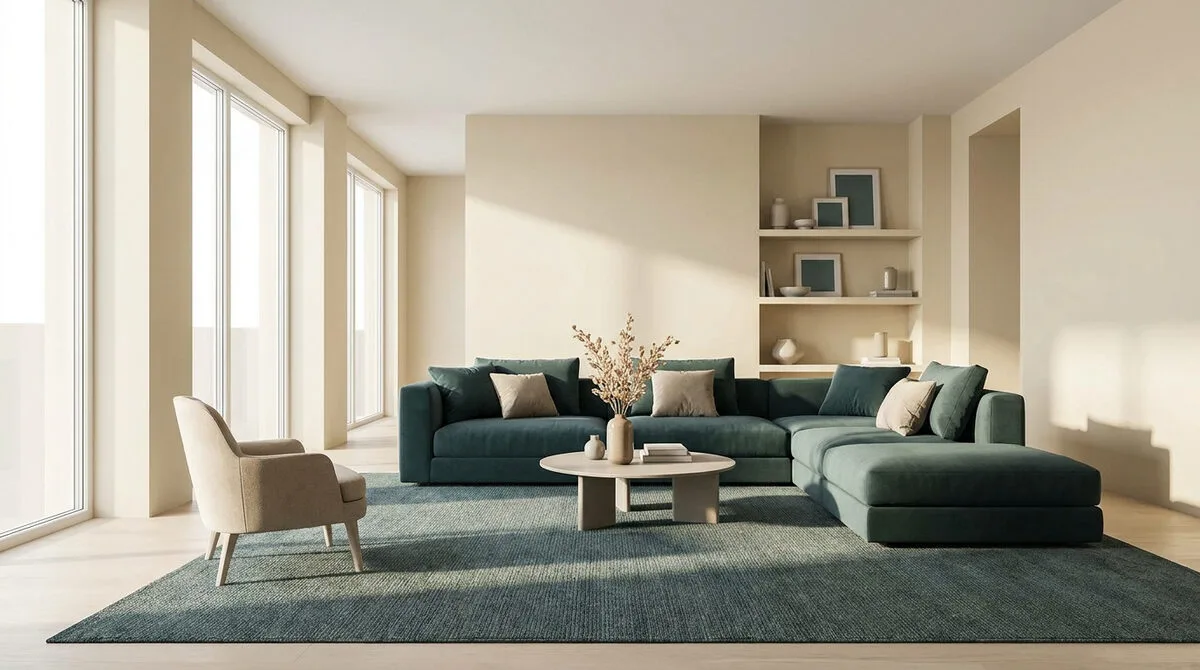 Salon minimaliste aux tons neutres avec un grand canapé d'angle vert et un tapis assorti sous une lumière douce.