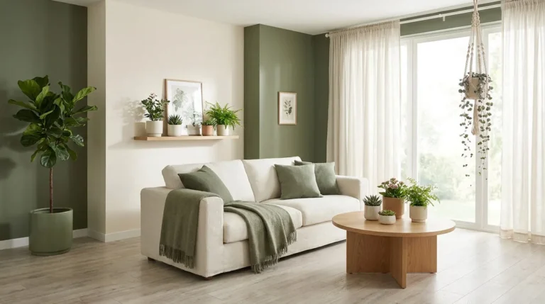 Salon lumineux avec canapé beige, murs vert sauge, plantes d'intérieur et table basse en bois.