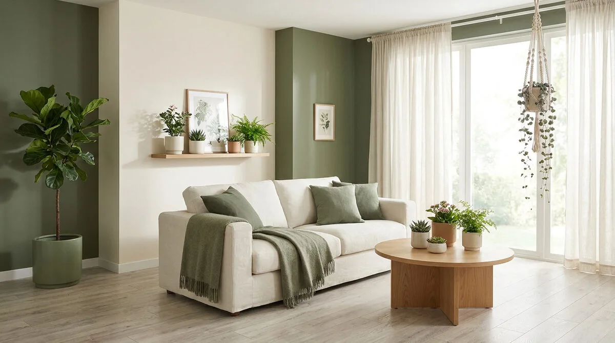 Salon lumineux avec canapé beige, murs vert sauge, plantes d'intérieur et table basse en bois.