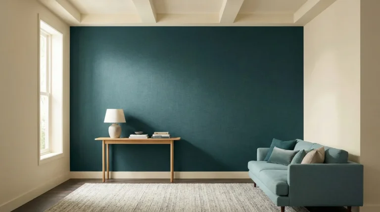 Salon minimaliste avec un grand mur d'accent bleu pétrole, une console en bois, une lampe et un canapé bleu.