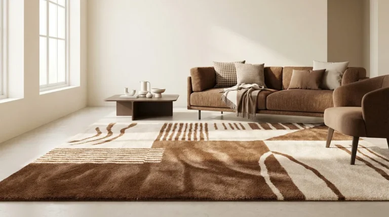 Salon moderne aux tons terreux avec un tapis design à motifs géométriques marron et beige devant un canapé.
