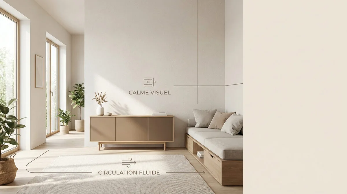 Salon scandinave minimaliste avec rangements discrets et circulation fluide