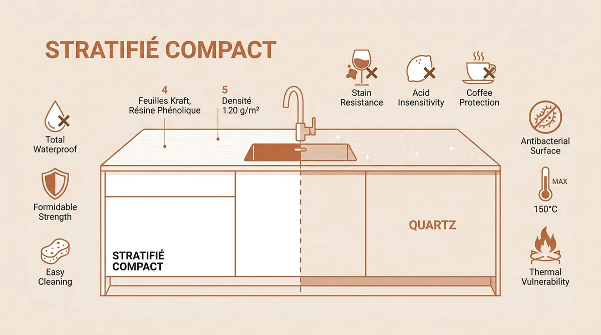 Comparaison visuelle entre un plan de travail en stratifié compact gris et un quartz blanc marbré