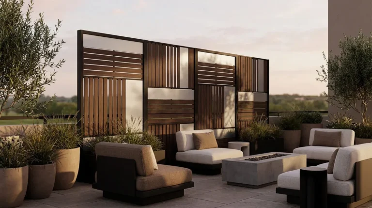 Un brise-vue contemporain en bois et métal sur une terrasse avec des sièges confortables et des plantes.