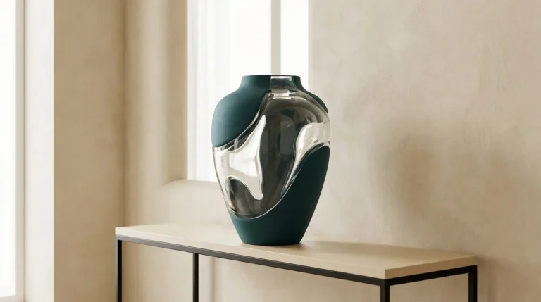 Vase sculptural bleu canard et verre transparent posé sur une console minimaliste dans un intérieur lumineux.