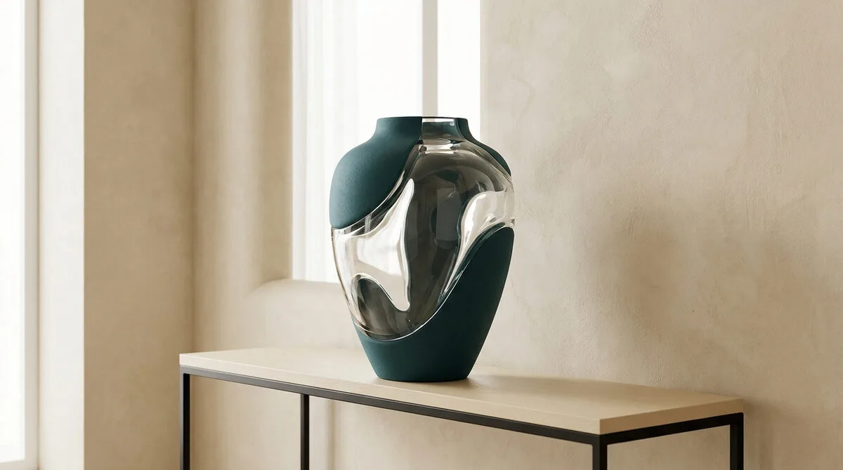 Vase sculptural bleu canard et verre transparent posé sur une console minimaliste dans un intérieur lumineux.