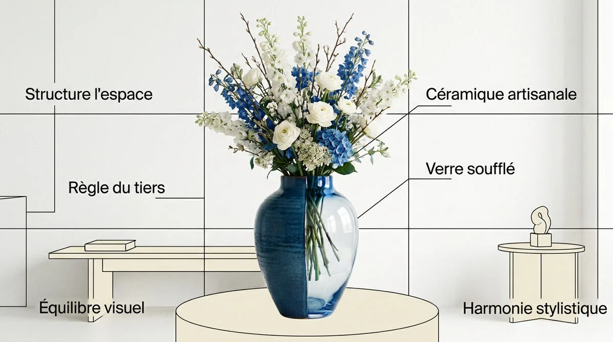 Vase décoratif grand format avec composition florale équilibrée