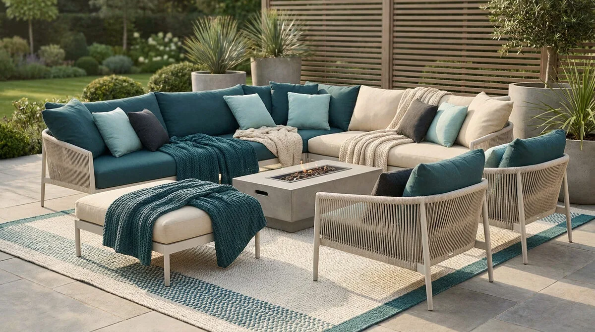 Salon de jardin avec canapé d'angle bleu, fauteuils et table basse brasero sur une terrasse aménagée.
