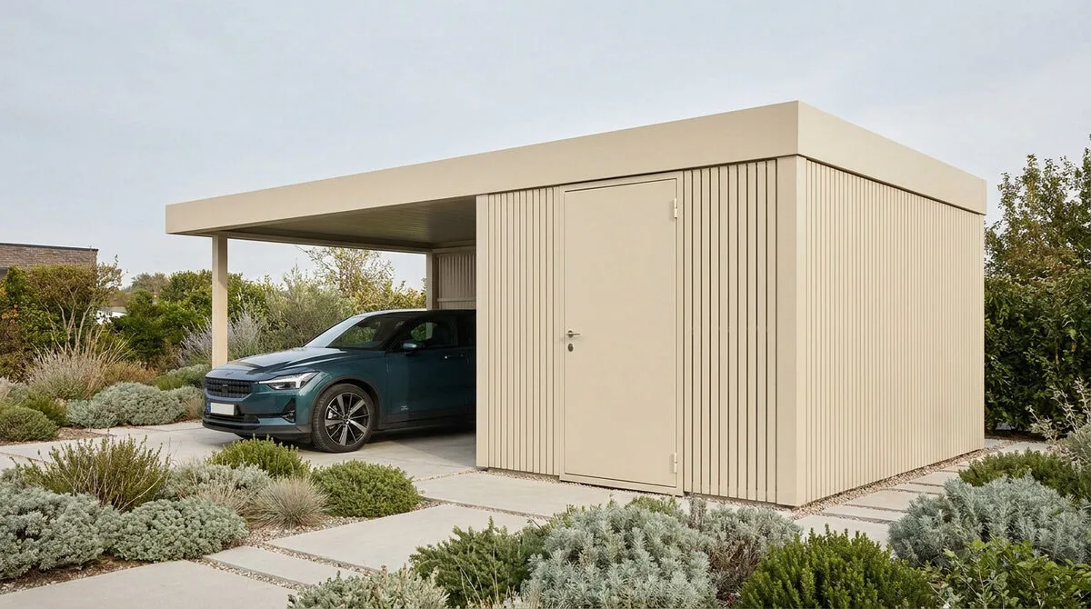 Abri de jardin moderne couleur crème avec carport intégré et voiture stationnée devant un jardin paysager.