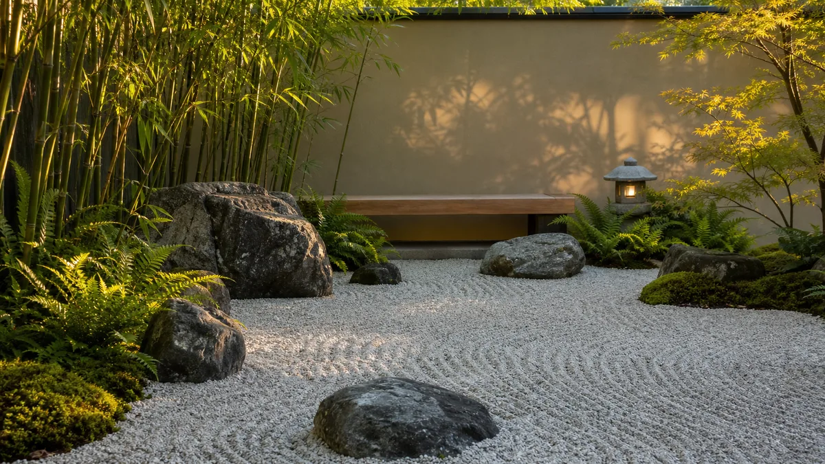 Jardin zen extérieur avec pierres et plantes
