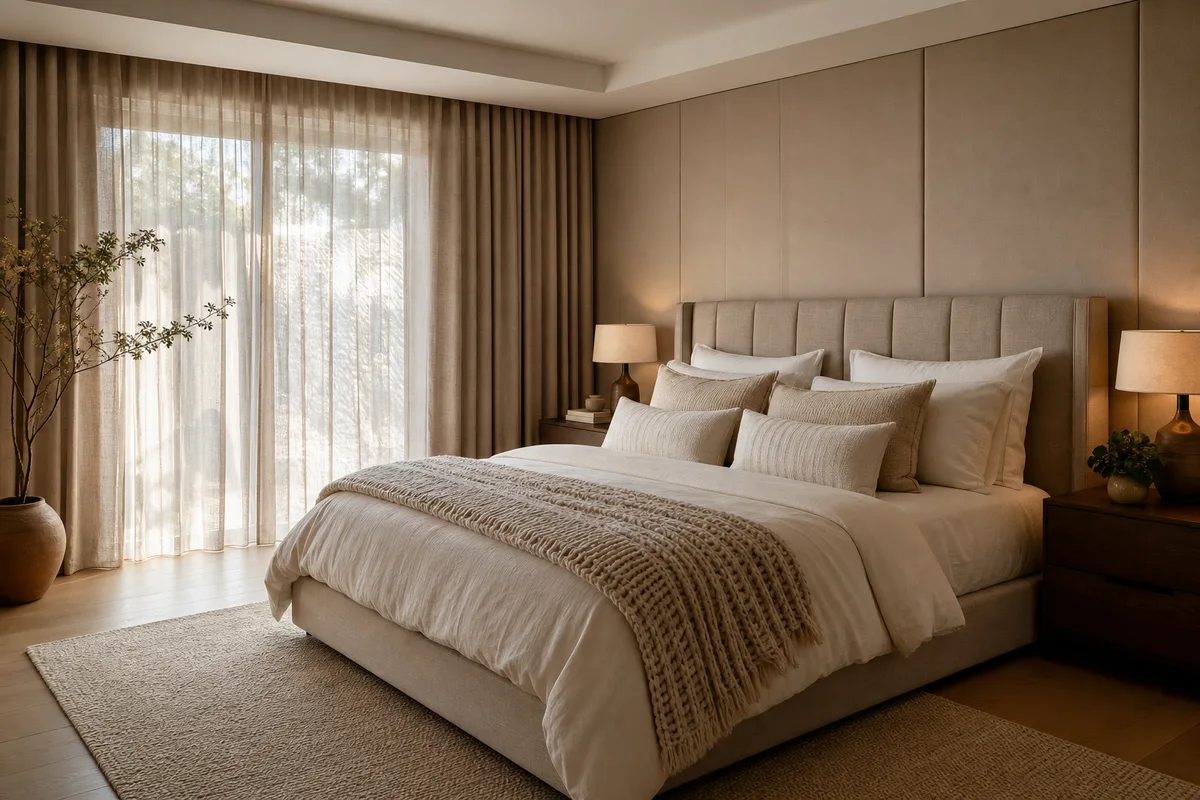 Ambiance de chambre parentale apaisante avec des tons doux et naturels