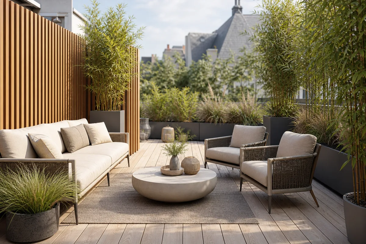 Terrasse contemporaine avec brise-vue bois et plantes pour préserver l’intimité