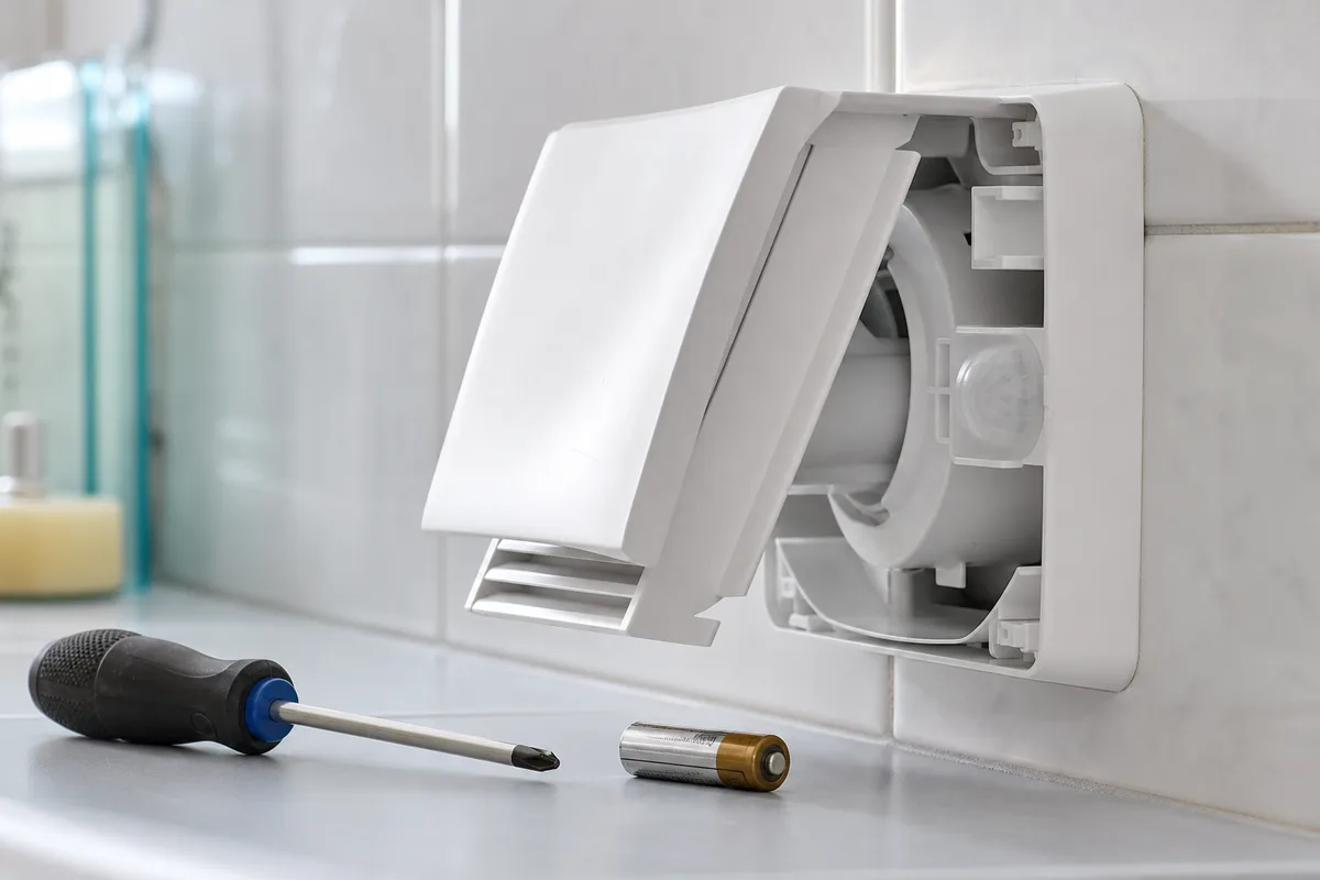 Bouche VMC de salle de bain ouverte pour vérifier le détecteur de présence