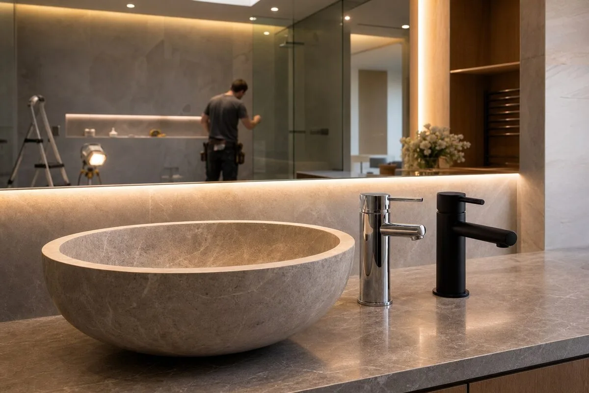 Robinetterie élégante installée dans une salle de bain contemporaine